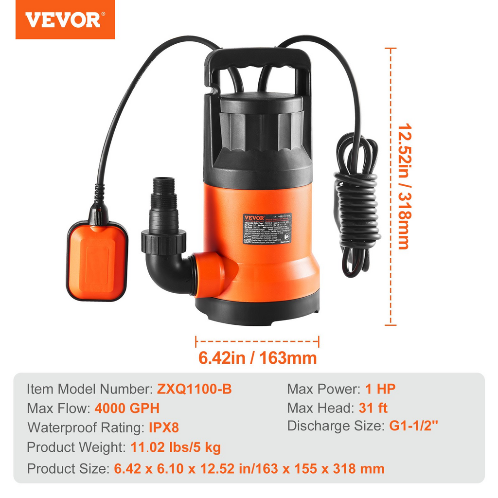 Bomba de uso general VEVOR 1 HP 4000 GPH alto caudal altura 31 pies con cable 10 pies para drenar piscinas estanques sótanos