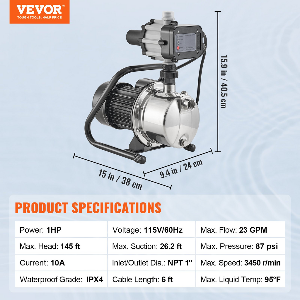 Bomba de chorro portátil para pozos poco profundos VEVOR con controlador automático 1,5 HP 1200 GPH 164 pies