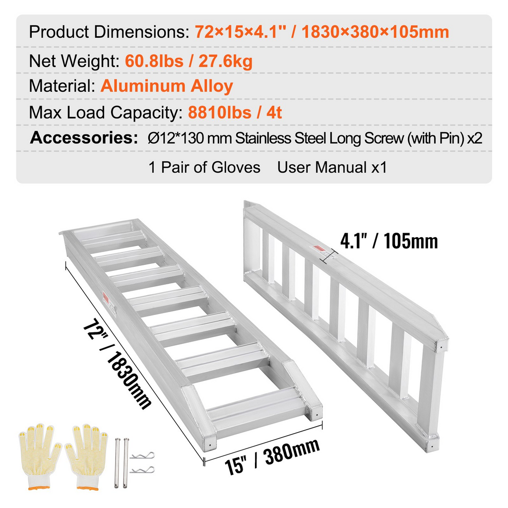 Rampas de aluminio VEVOR 8810 lb 72" de largo x 15" de ancho, 2 piezas