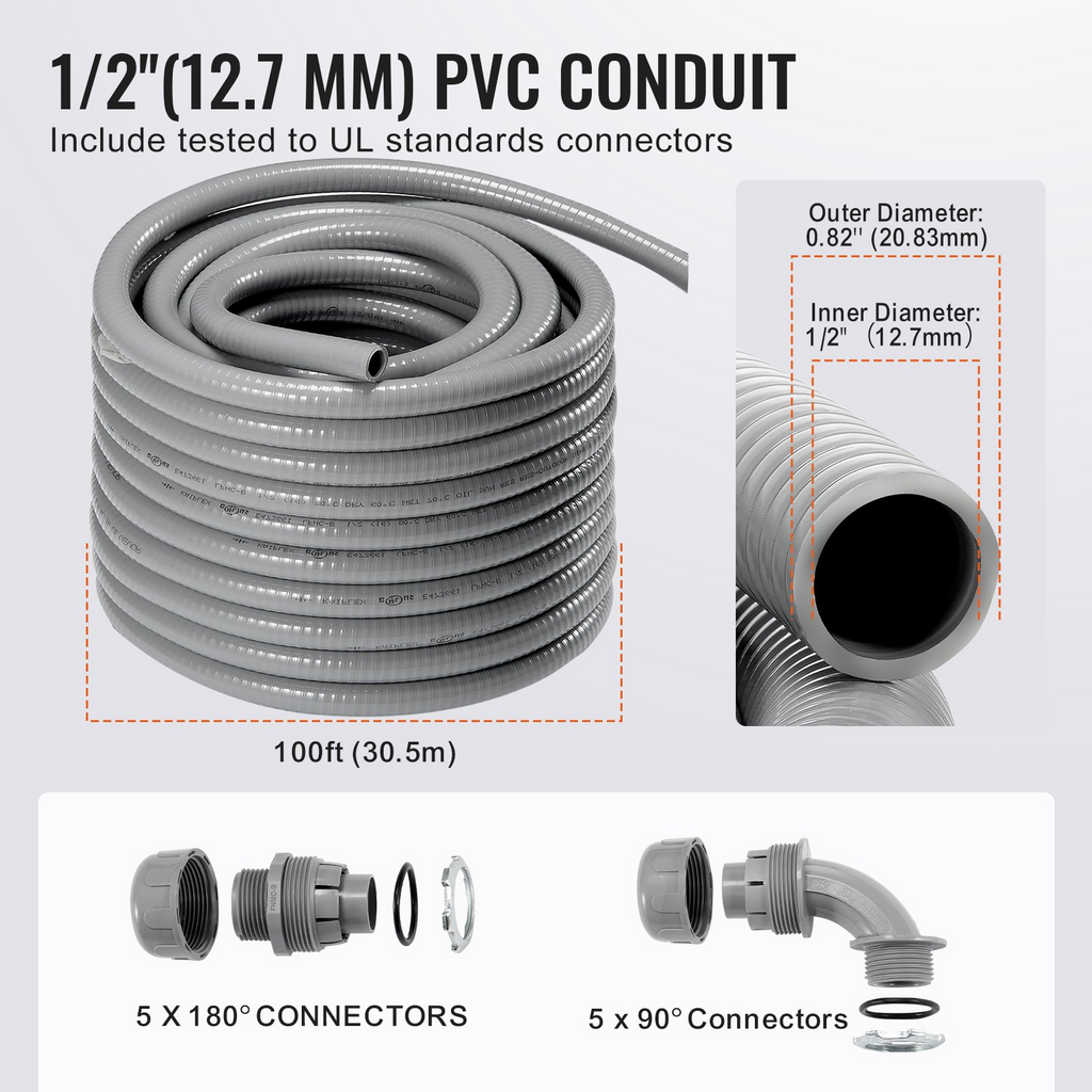 Conducto flexible VEVOR 1/2 pulgada 100 pies PVC no metálico con 5 conectores rectos y 5 de 90 grados para bomba y controlador