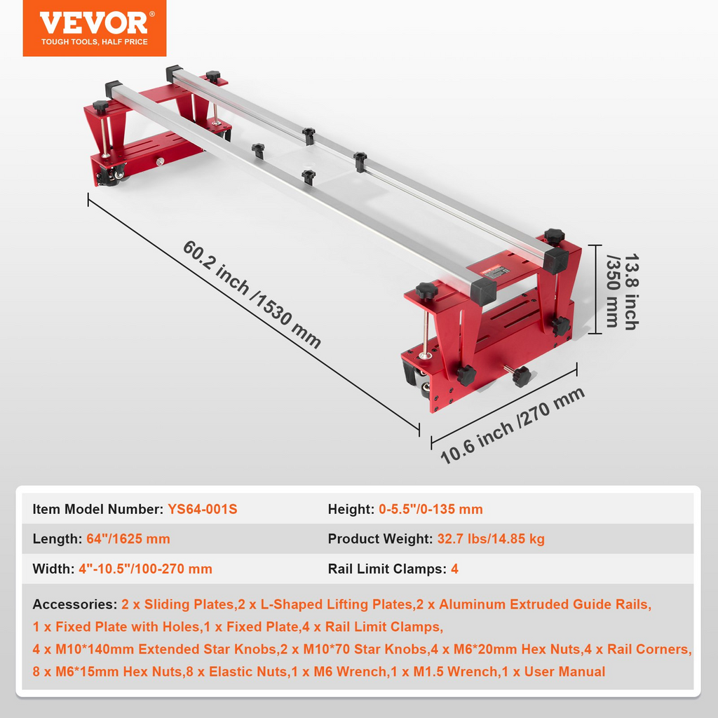 VEVOR Router Sled Adjustable Wood Slab Flattening Mill Router Jig 64" Length