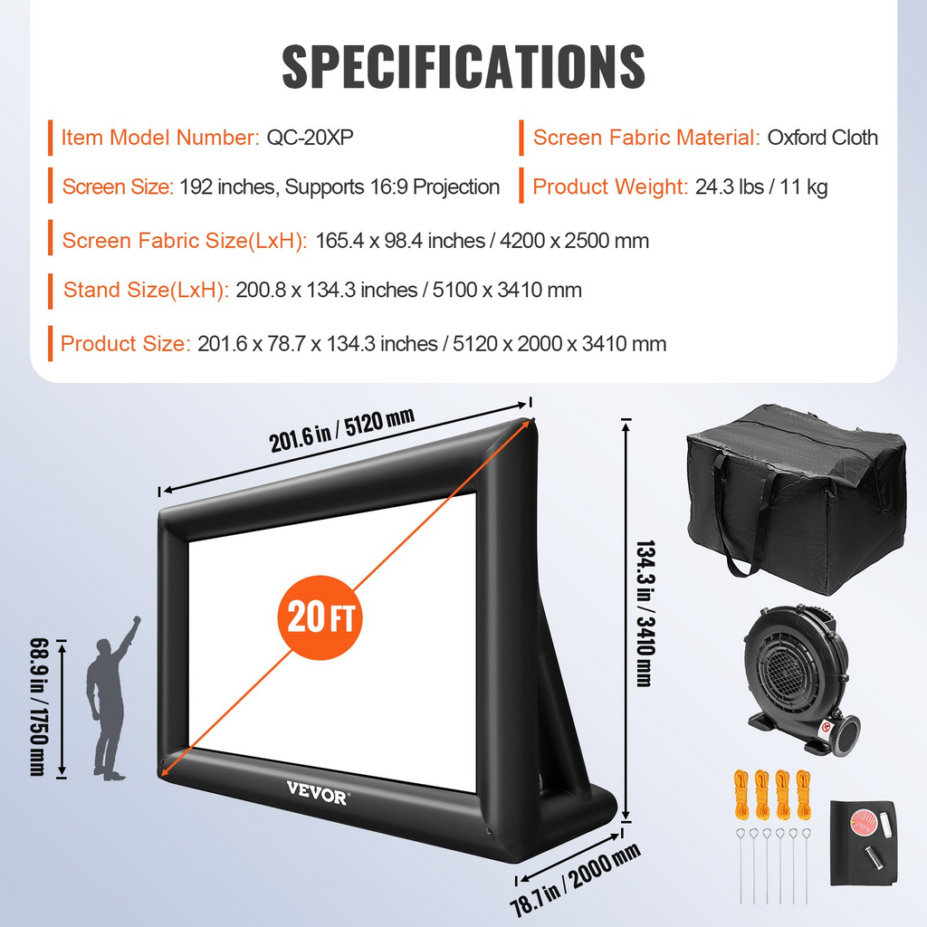 Pantalla de cine inflable VEVOR de 20 pies (240 pulgadas) 350 W