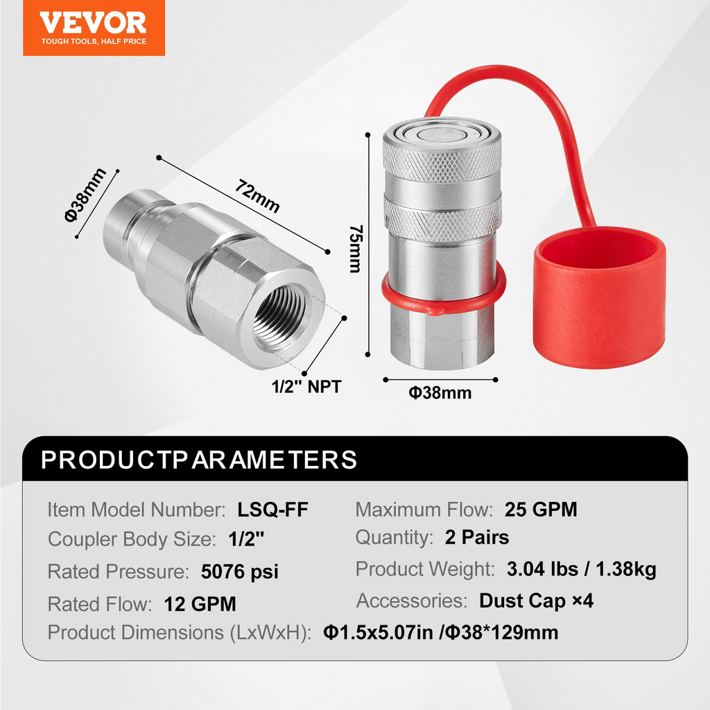 Acopladores hidráulicos de cara plana VEVOR de 1/2" NPT de 1/2" con 4 tapas antipolvo