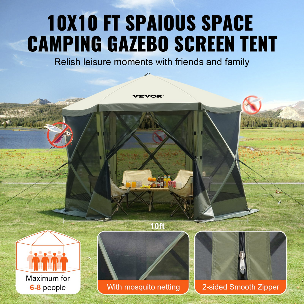 VEVOR Carpa plegable con toldo de 6 lados plegable de 10 x 10 pies con mosquitera verde militar