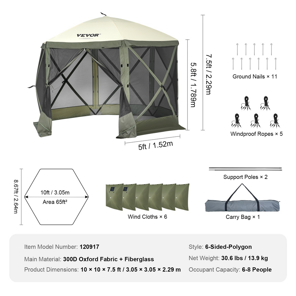 VEVOR Carpa plegable con toldo de 6 lados plegable de 10 x 10 pies con mosquitera verde militar