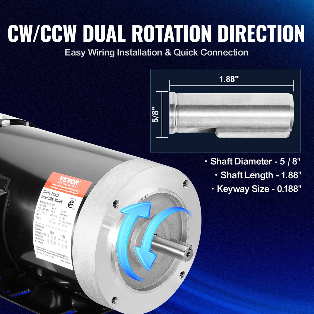 Motor eléctrico VEVOR de 2 HP 3450 rpm CA 230 V/460 V marco 56C con chaveta de 5/8" rotación CW/CCW para compresores de aire trifásico