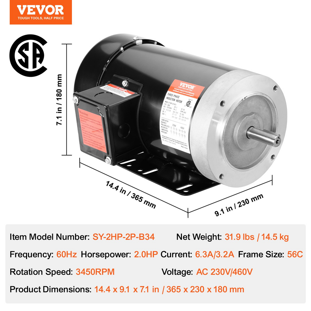 Motor eléctrico VEVOR de 2 HP 3450 rpm CA 230 V/460 V marco 56C con chaveta de 5/8" rotación CW/CCW para compresores de aire trifásico