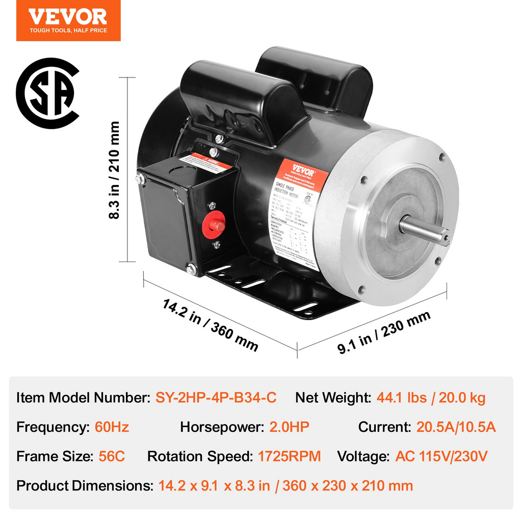 Motor eléctrico VEVOR de 2 HP 1725 rpm CA 115 V/230 V marco 56C