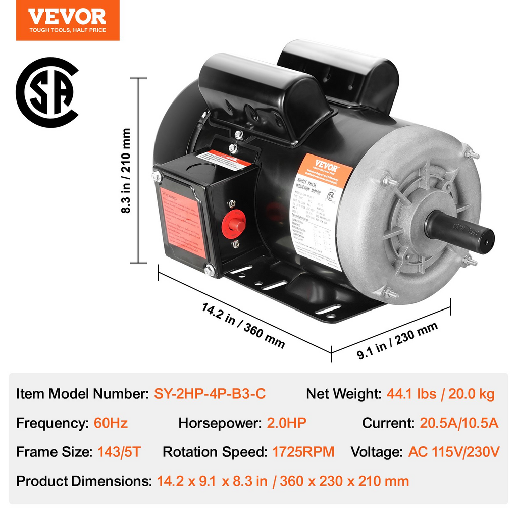 Motor eléctrico VEVOR de 2 HP 1725 rpm CA 115 V/230 V bastidor 143/5 T monofásico eje de 7/8" rotación CW/CCW para maquinaria agrícola y equipo general