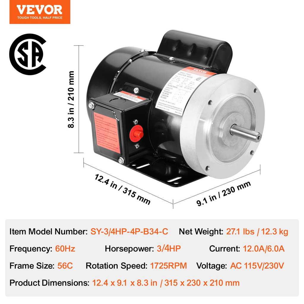 Motor eléctrico VEVOR de 0,75 HP 1725 rpm CA 115 V/230 V marco 56C