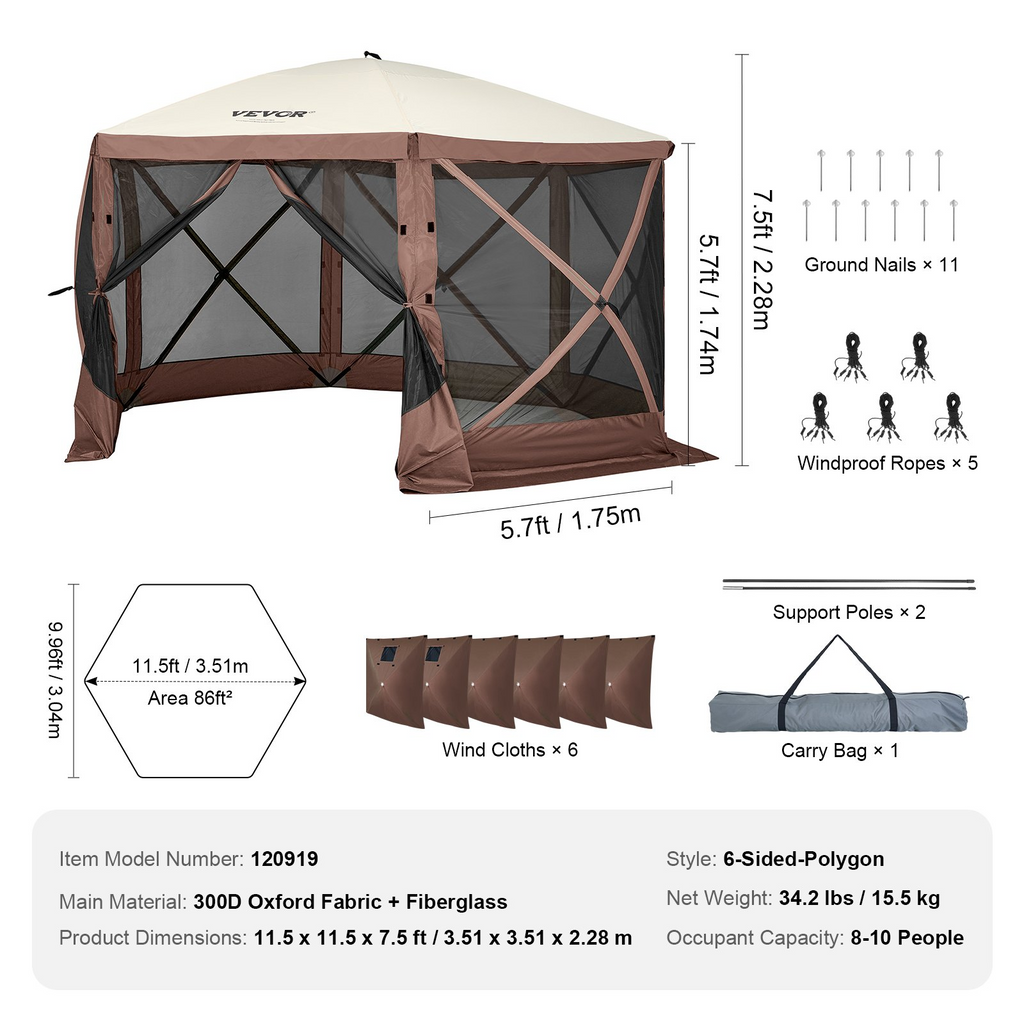 VEVOR Carpa plegable con toldo de 6 lados 6 paños de 11,5 x 11,5