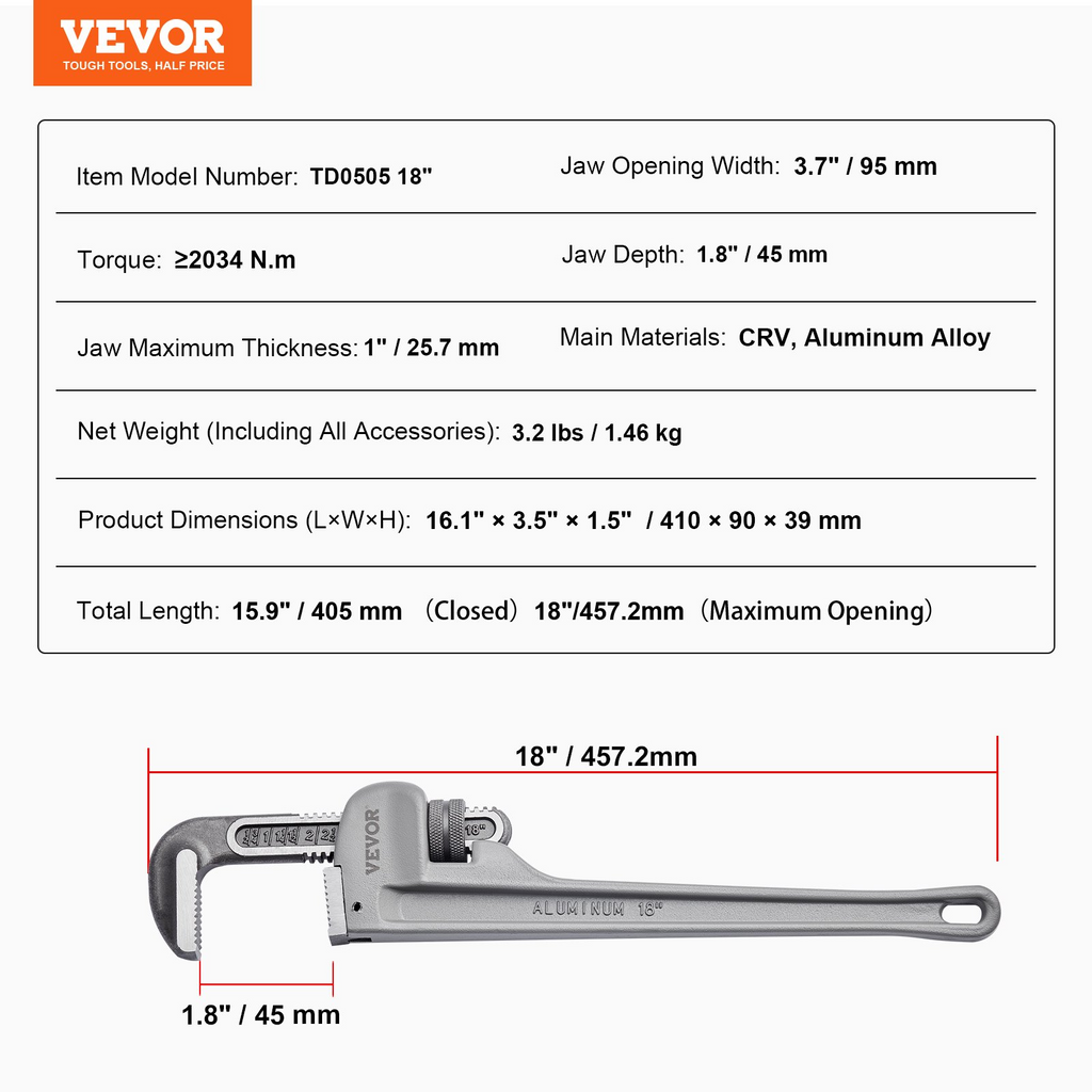 Llave para tubos VEVOR 18"