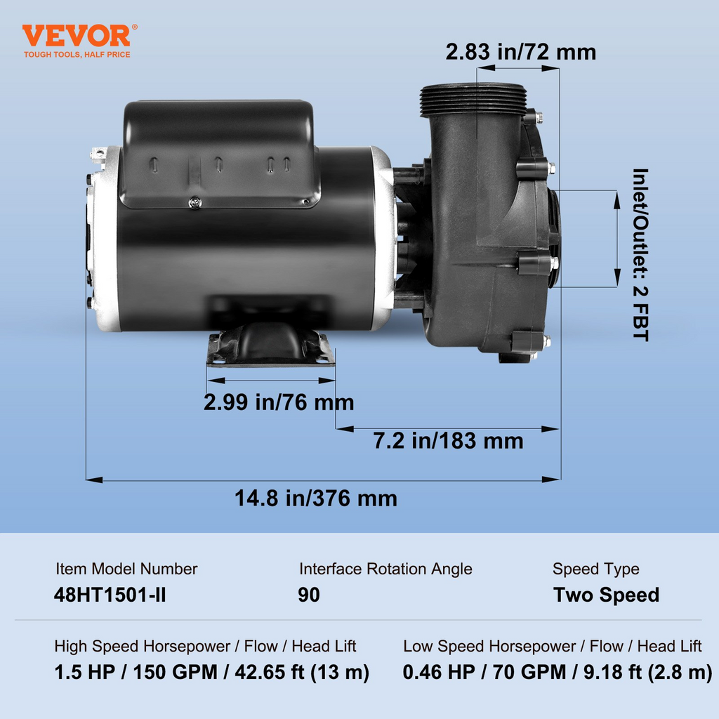 Bomba para spa 2 velocidades VEVOR marco 48 pulgadas CA 110-120 V 1.5 HP/150 GPM/42.65 pies alta velocidad 0.46 HP/70 GPM/9.18 pies baja velocidad puerto 2" interfaz giratoria 90° probada según normas UL