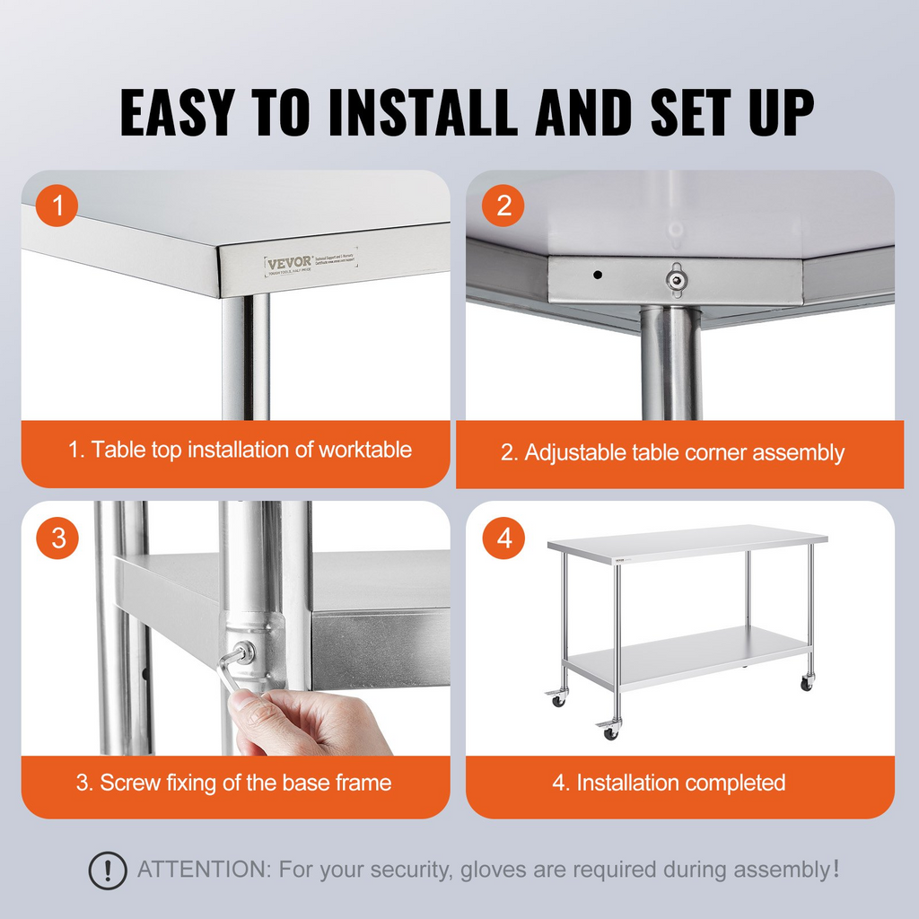 Mesa de trabajo de acero inoxidable VEVOR de 30 x 60 x 38 pulgadas con 4 ruedas 3 niveles de altura ajustables