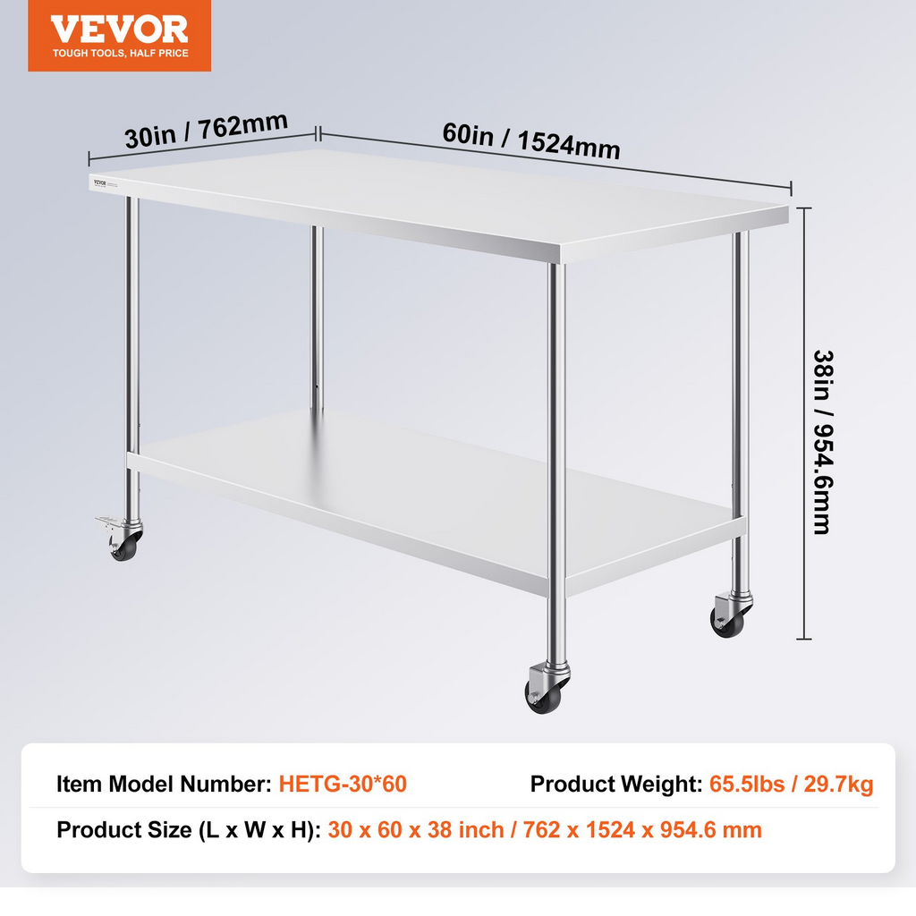 Mesa de trabajo de acero inoxidable VEVOR de 30 x 60 x 38 pulgadas con 4 ruedas 3 niveles de altura ajustables