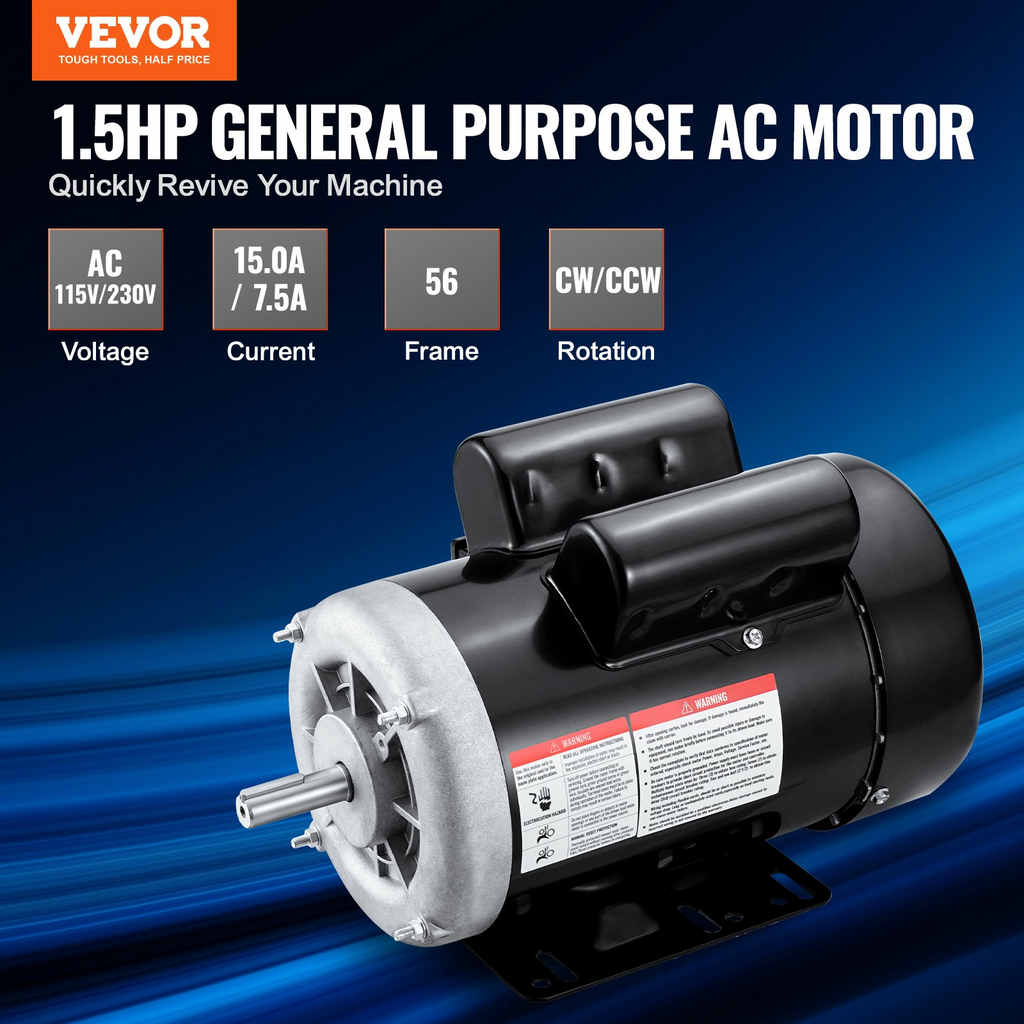 Motor eléctrico VEVOR 1.5 HP 3450 rpm CA 115V/230V marco de 56 monofásico con eje de 5/8'' rotación horario/antihorario para maquinaria agrícola y equipo general