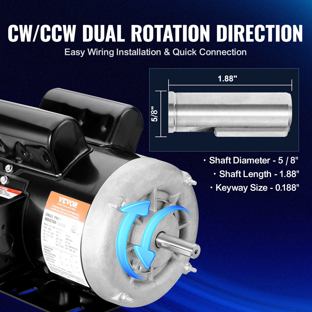 Motor eléctrico VEVOR 1.5 HP 3450 rpm CA 115V/230V marco de 56 monofásico con eje de 5/8'' rotación horario/antihorario para maquinaria agrícola y equipo general