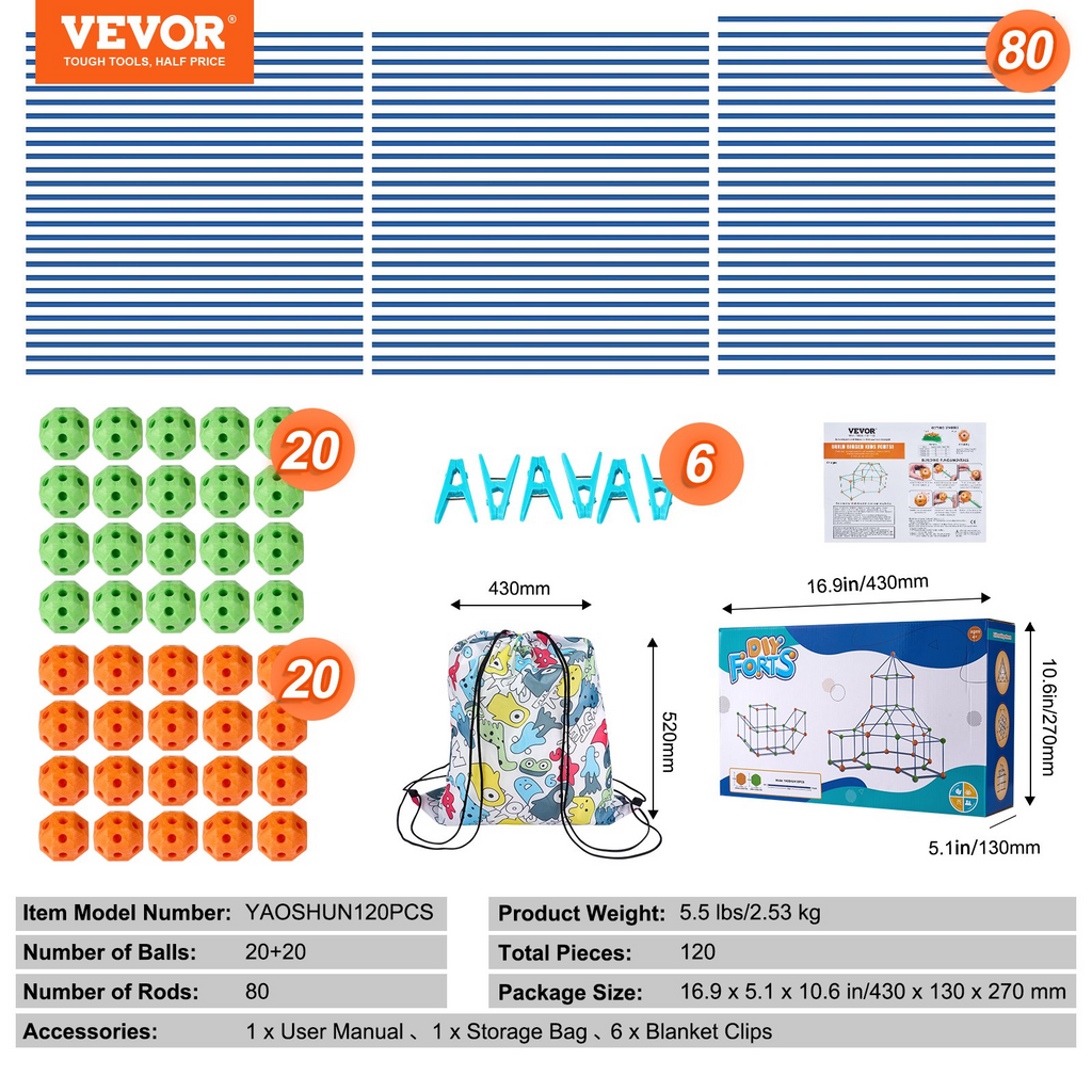 VEVOR Kit de construcción de carpas y fortalezas para niños 120 piezas