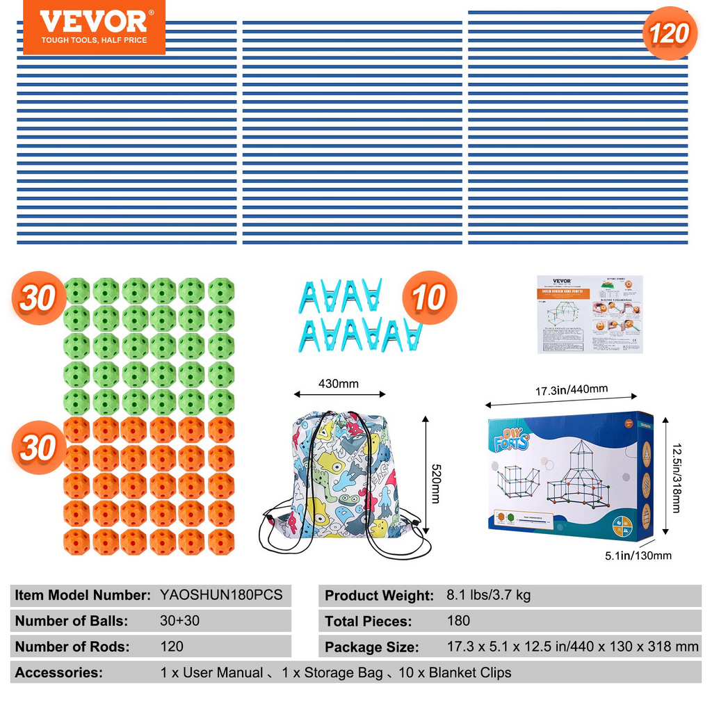 VEVOR Kit de construcción de carpas y fortalezas para niños Juego de construcción STEM Castillo 180 piezas