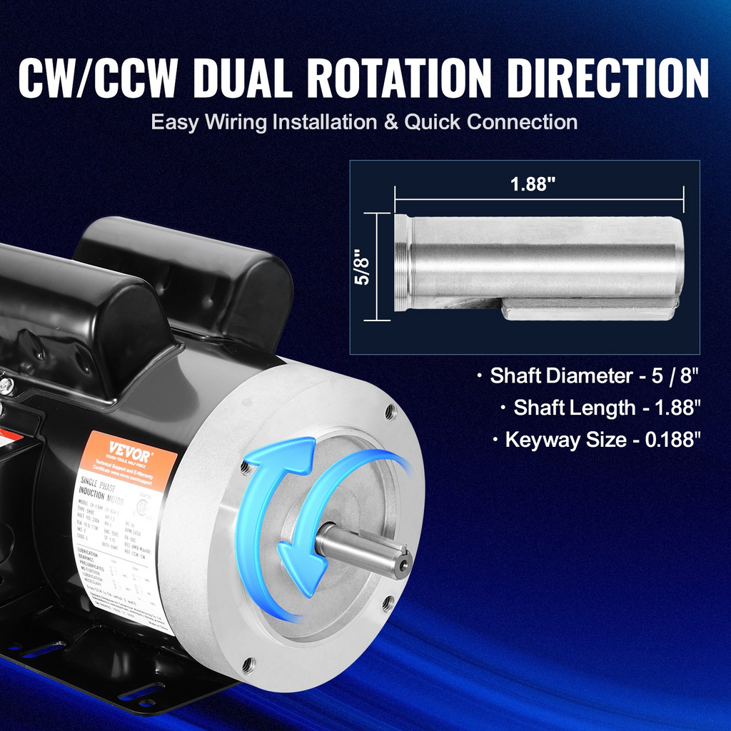 Motor eléctrico VEVOR de 1,5 HP 3450 rpm CA 115 V/230 V marco 56C eje con chaveta de 5/8"