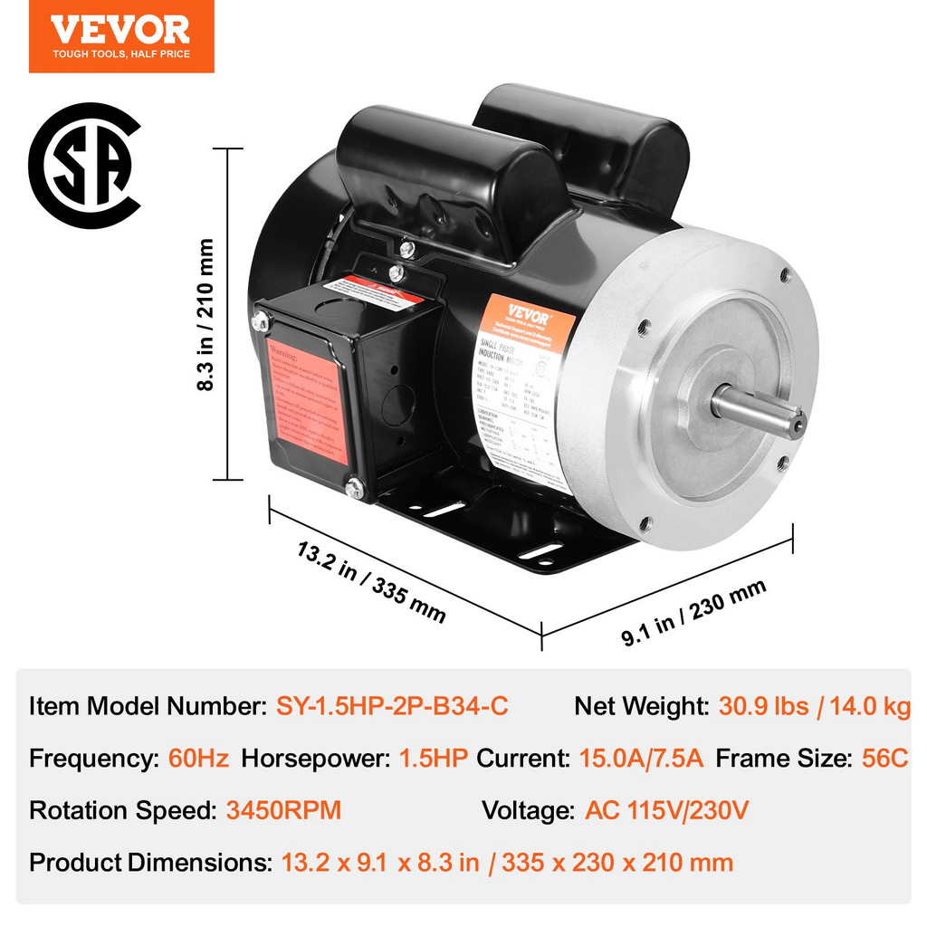 Motor eléctrico VEVOR de 1,5 HP 3450 rpm CA 115 V/230 V marco 56C eje con chaveta de 5/8"