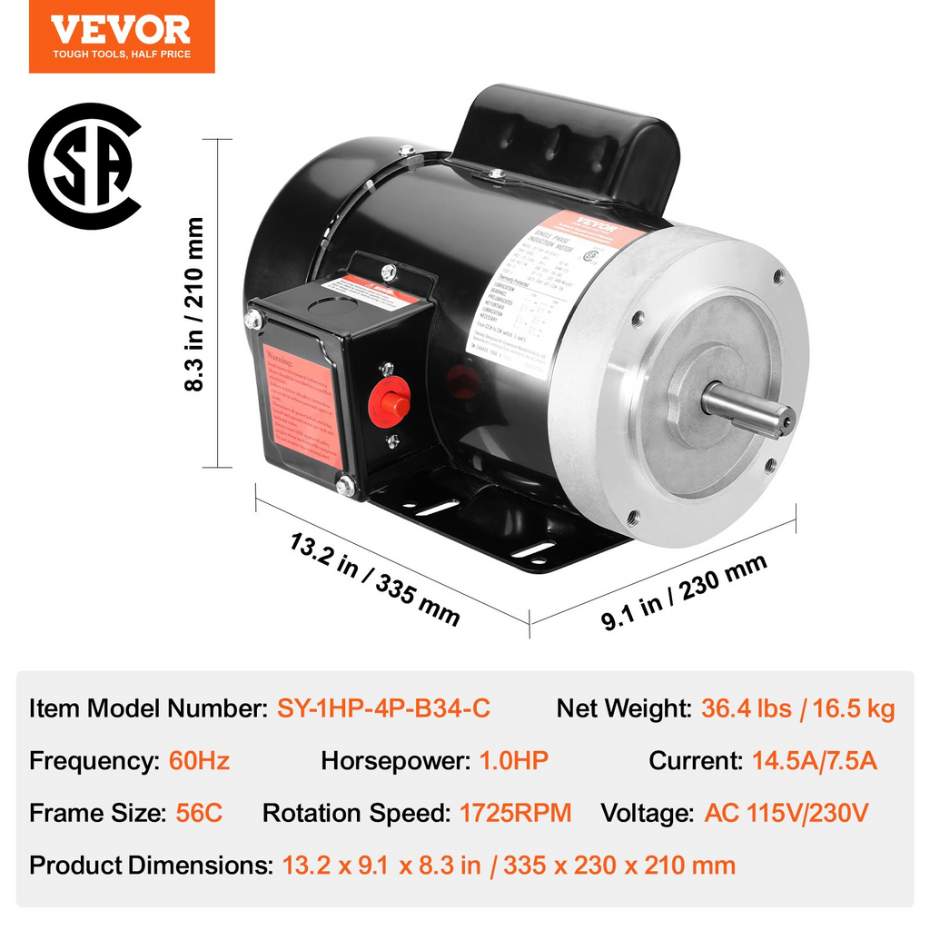 Motor eléctrico VEVOR de 1 HP 1725 rpm CA 115 V/230 V marco 56C