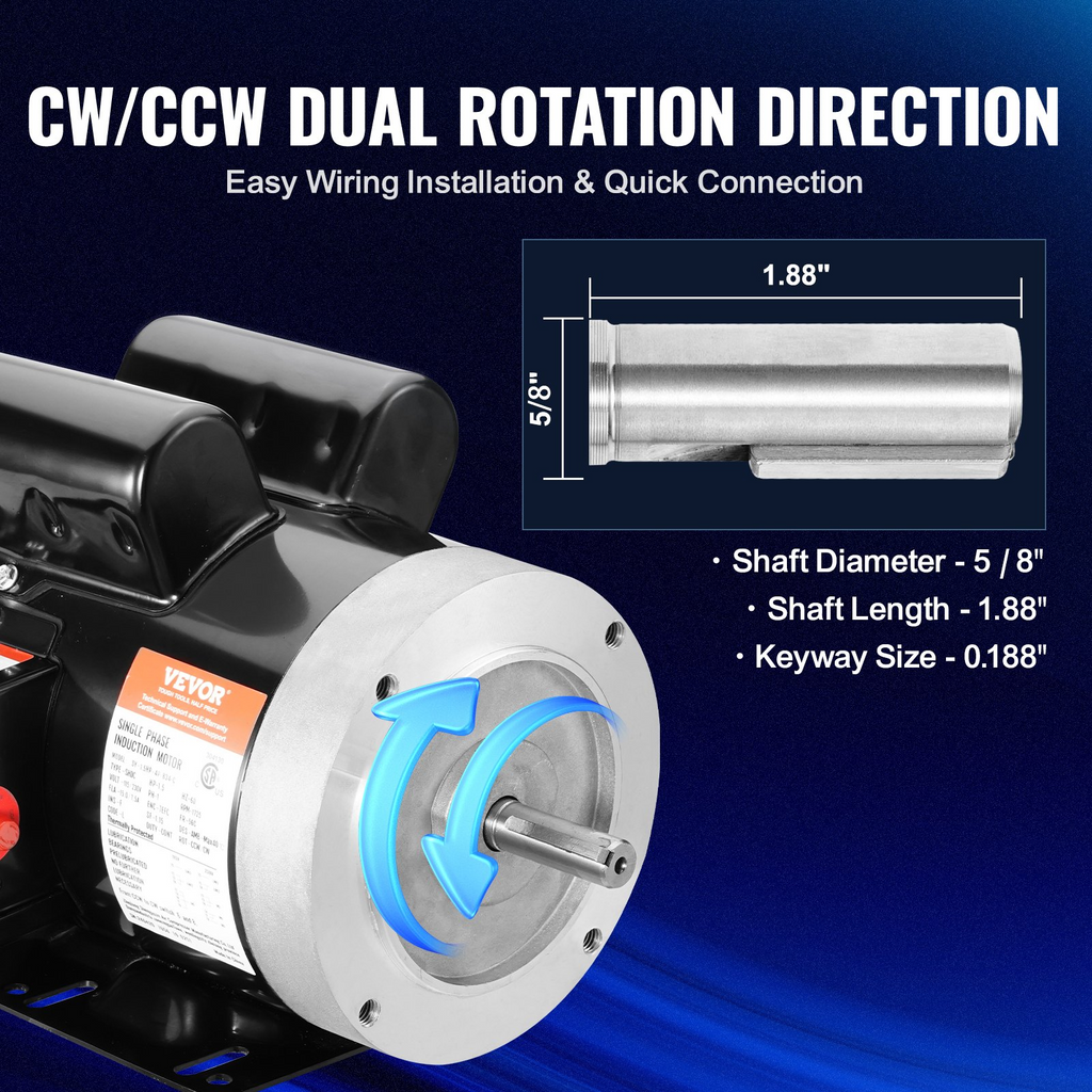 Motor eléctrico VEVOR de 1,5 HP 1725 rpm CA 115 V/230 V marco 56C con chaveta de 5/8" rotación CW/CCW para compresores de aire