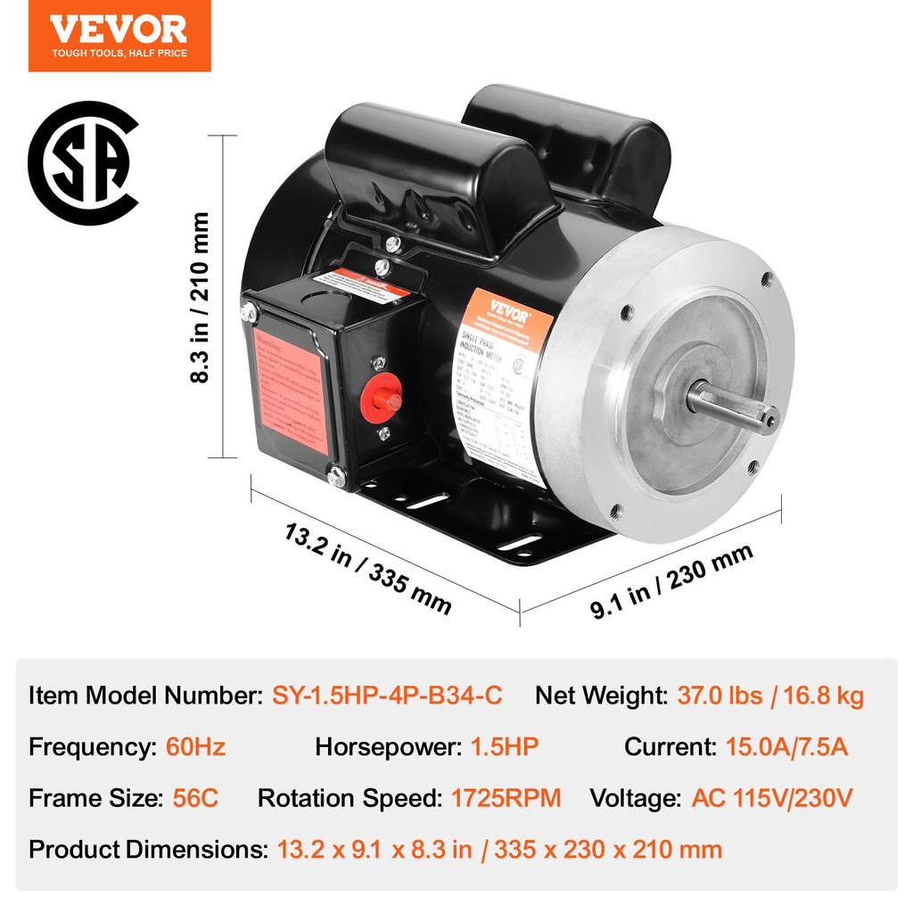 Motor eléctrico VEVOR de 1,5 HP 1725 rpm CA 115 V/230 V marco 56C con chaveta de 5/8" rotación CW/CCW para compresores de aire