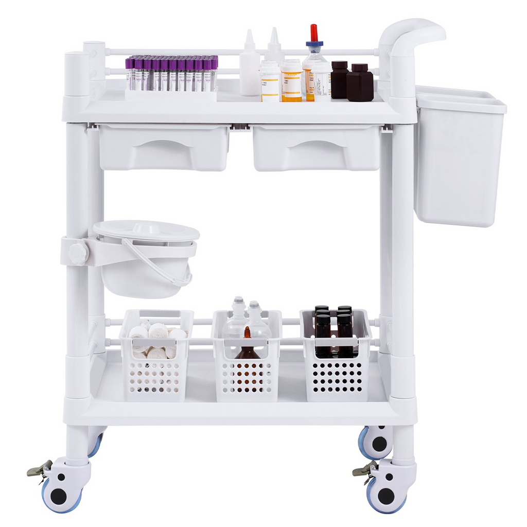 VEVOR 2 Tiers Lab Carts Mobile Medical Cart 2 Trays 2 Drawers 3 Trash Cans White