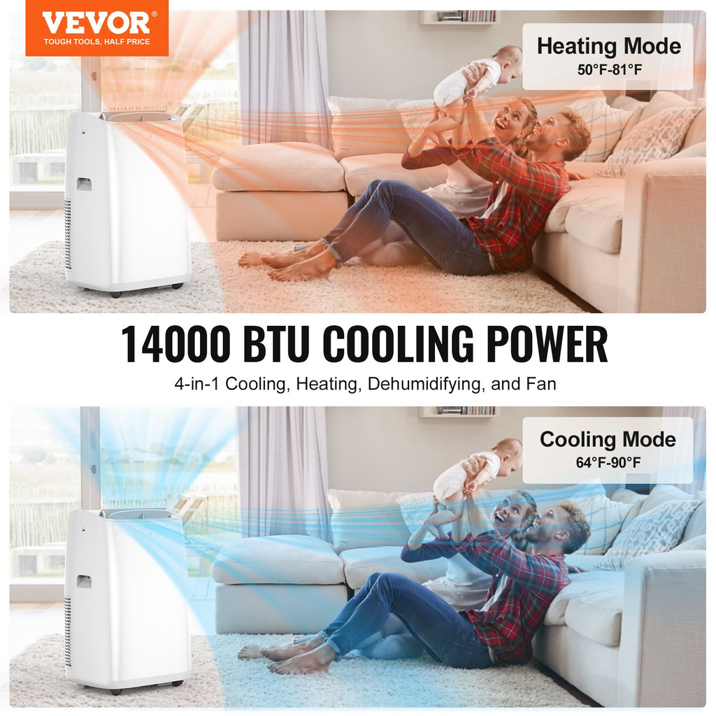 Aire acondicionado portátil VEVOR 14 000 BTU 4 en 1 ventilador deshumidificador aire caliente y frío