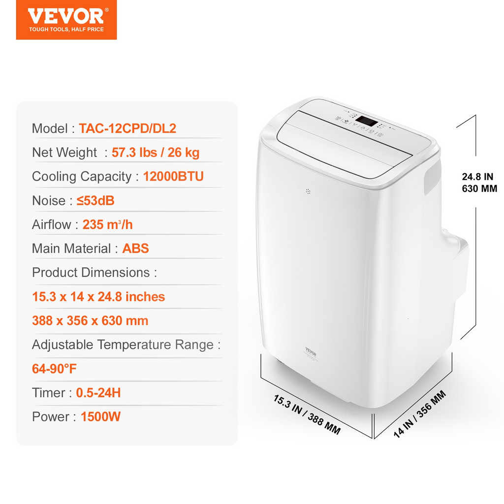 Aire acondicionado portátil VEVOR de 12 000 BTU 3 en 1 deshumidificador y ventilador