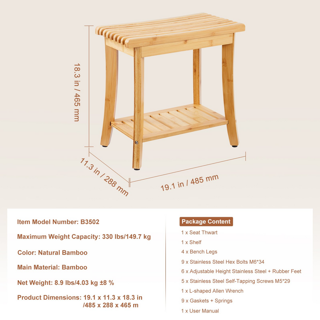 Banco de ducha de bambú VEVOR de 48,5 x 29,5 x 46,5 cm