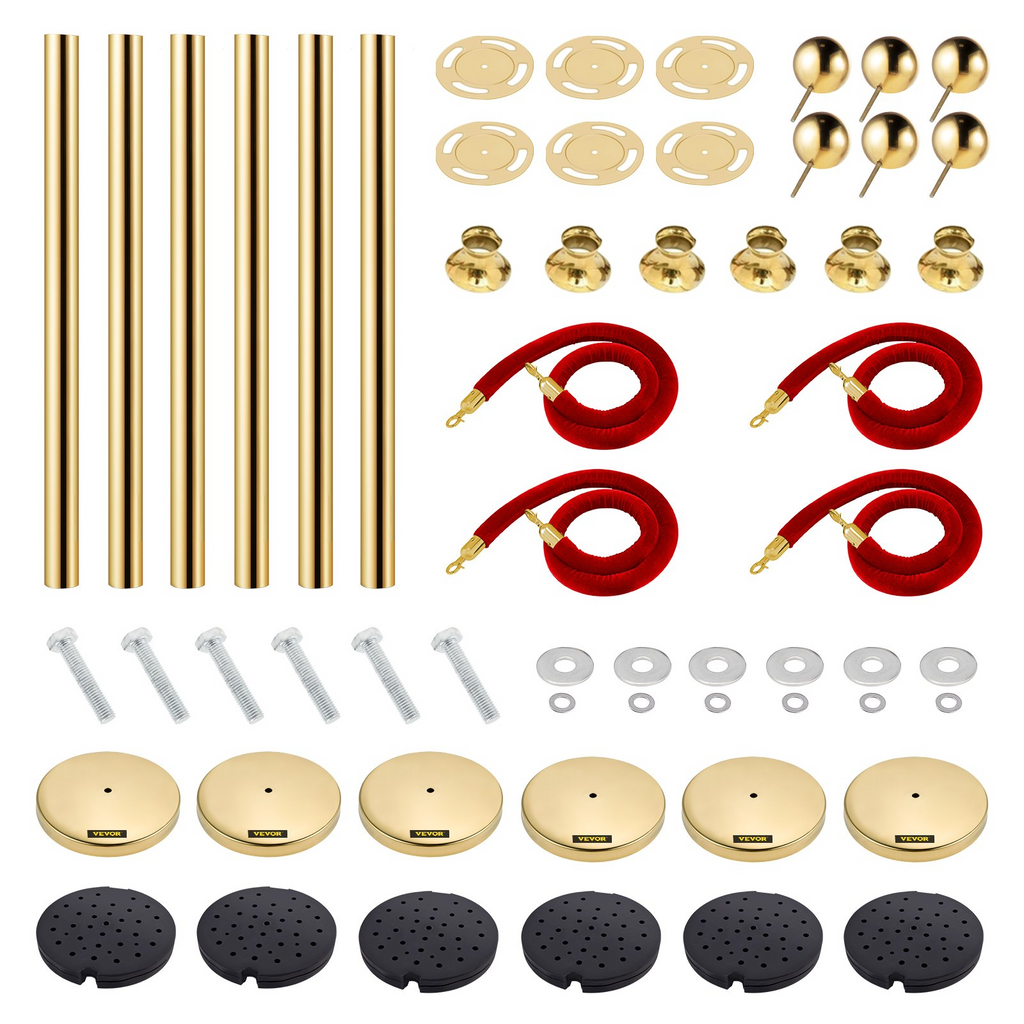 VEVOR Poste de cola de acero inoxidable de 6 piezas con 4 cuerdas de terciopelo rojo (6 piezas, plateado)