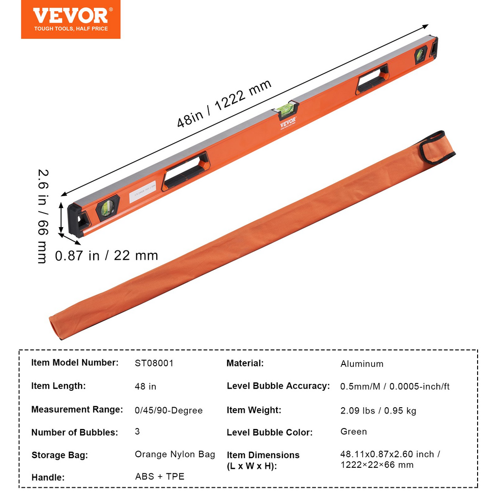 Nivel magnético VEVOR 48 pulgadas 45/90/180 grados