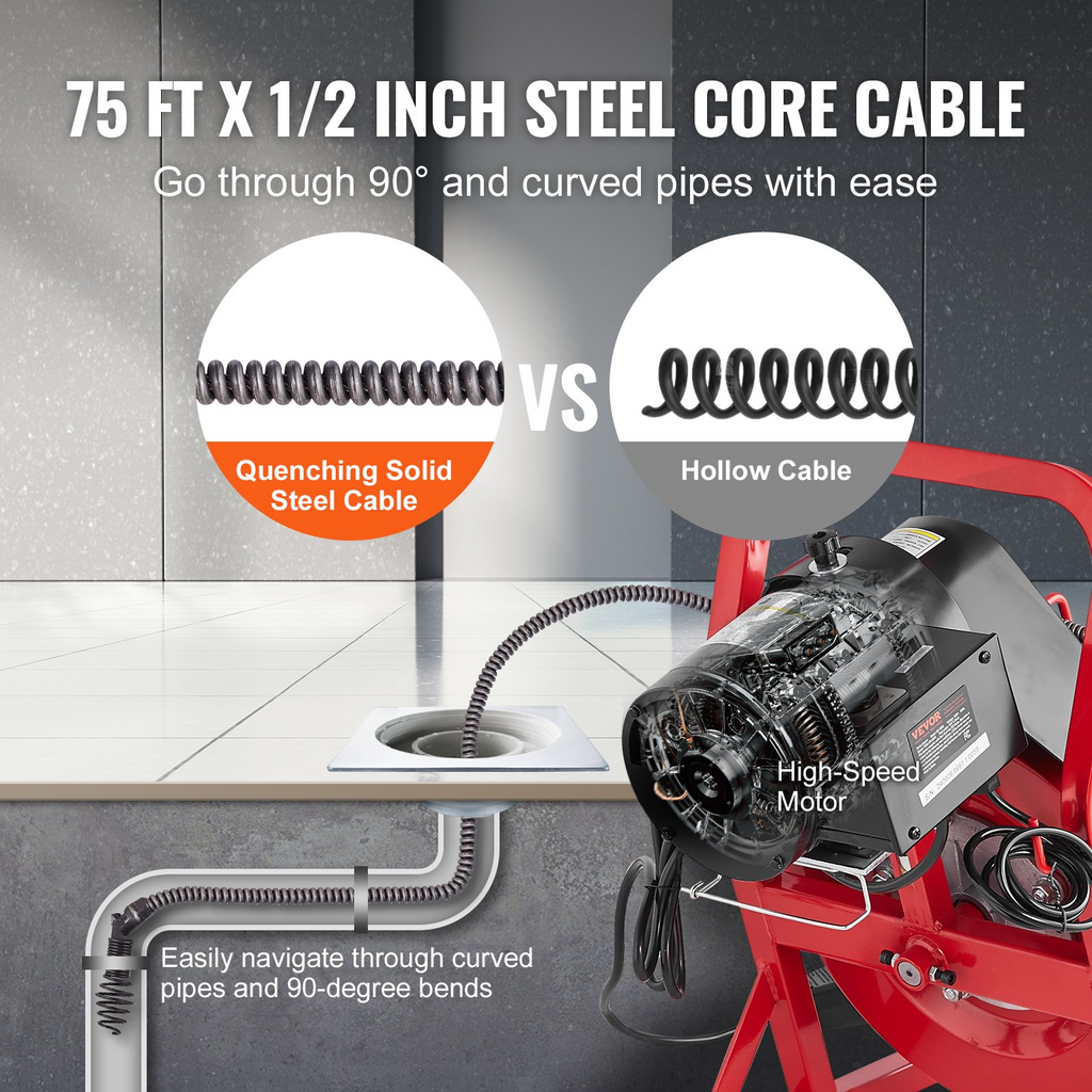 Máquina limpiadora de desagües VEVOR de 75 pies x 1/2 pulgada