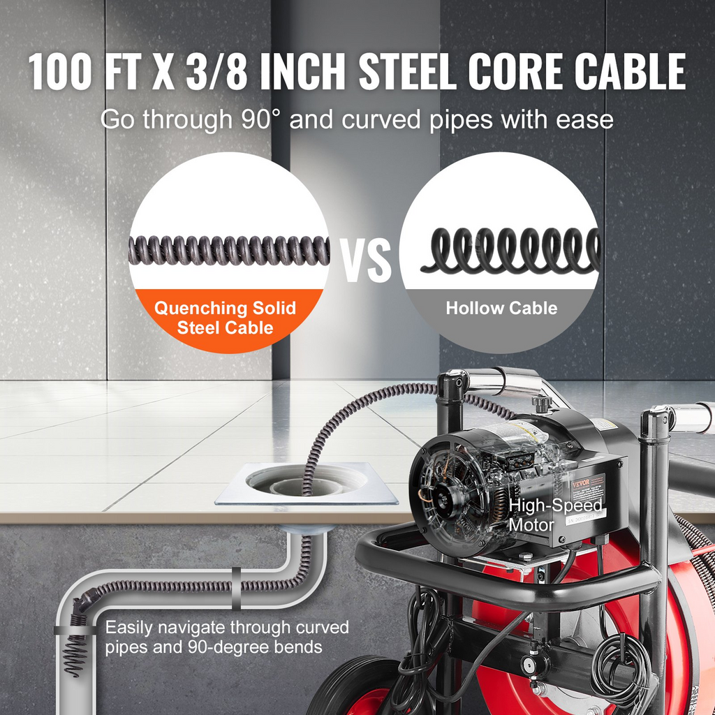 Máquina limpiadora de desagües VEVOR barrena eléctrica 100 pies x 3/8 pulgadas alimentación automática