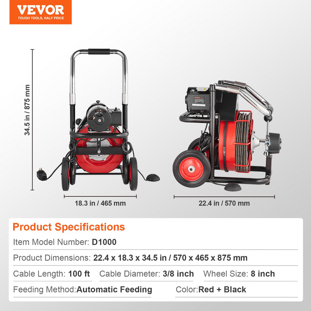 Máquina limpiadora de desagües VEVOR barrena eléctrica 100 pies x 3/8 pulgadas alimentación automática