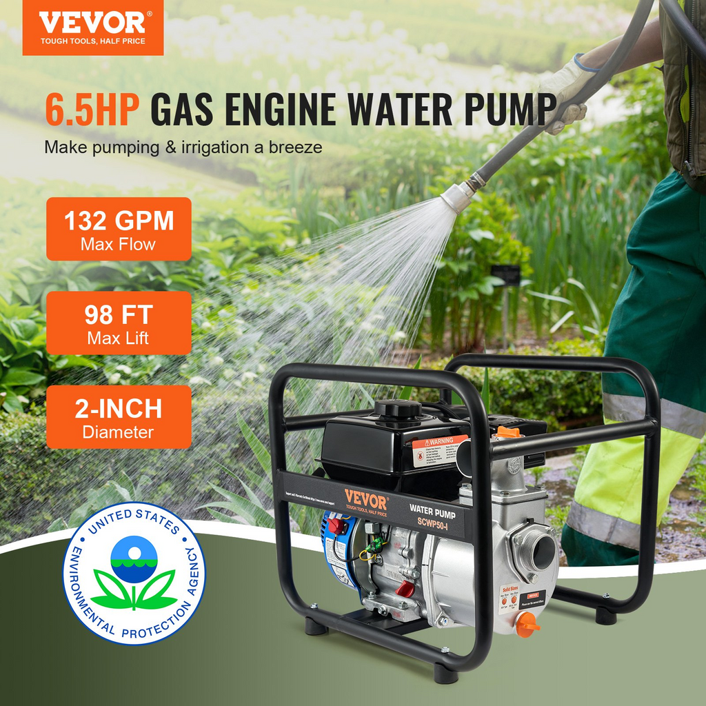 Bomba de agua con motor de gasolina VEVOR de transferencia a gas 2 pulgadas 6.5 HP 4 tiempos