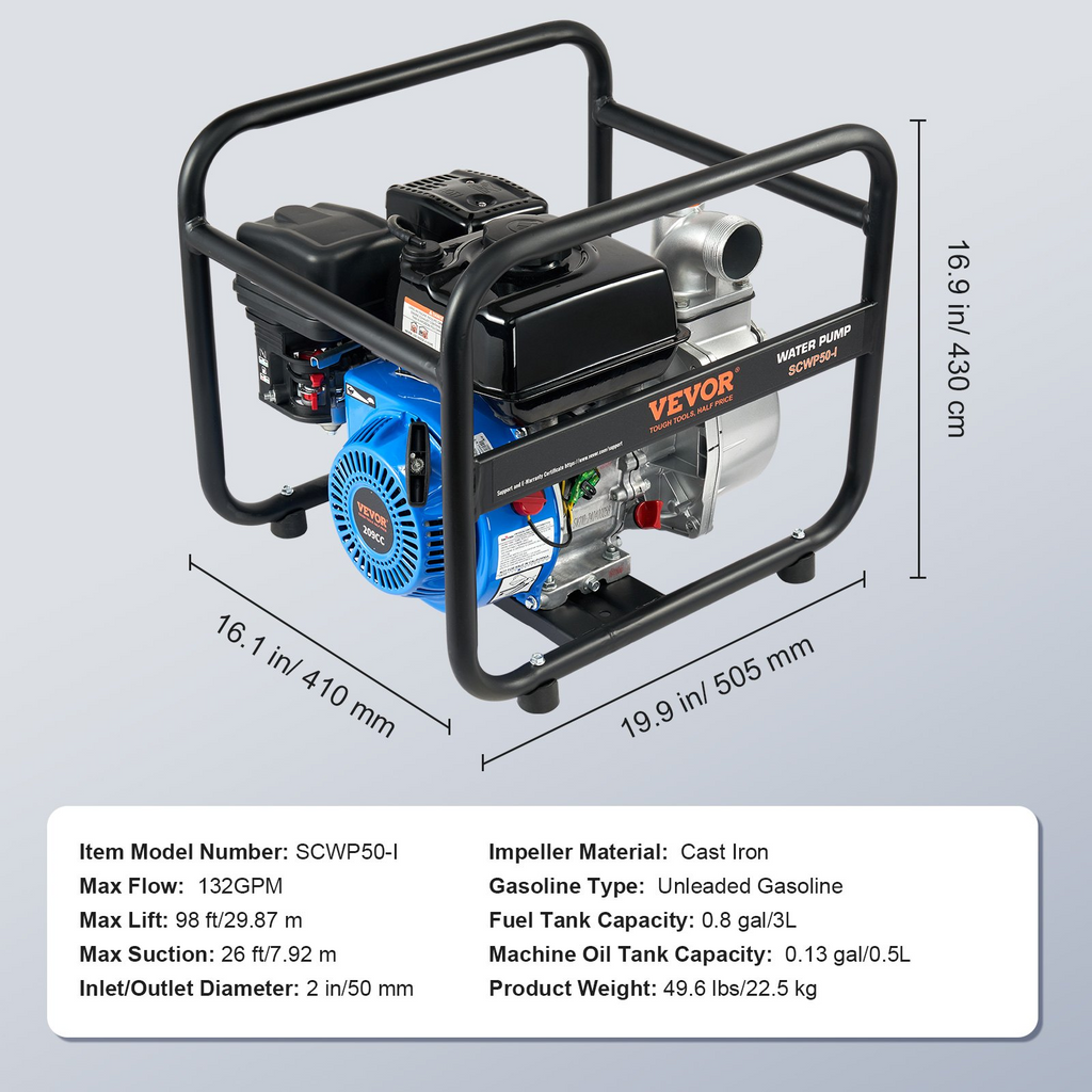 Bomba de agua con motor de gasolina VEVOR de transferencia a gas 2 pulgadas 6.5 HP 4 tiempos