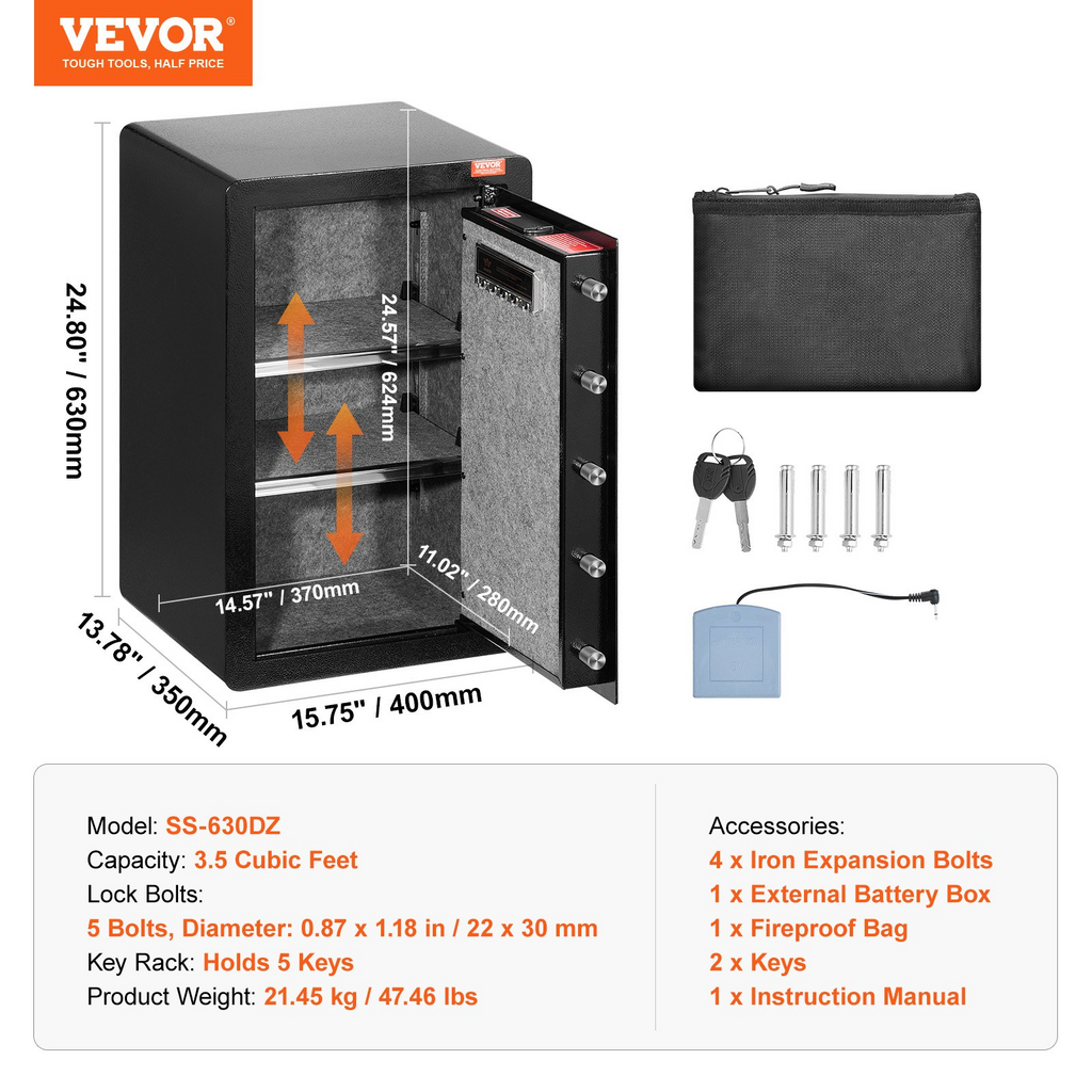 Caja de seguridad de una puerta de 3,5 pies cúbicos con cerradura con llave y contraseña luz LED negra VEVOR