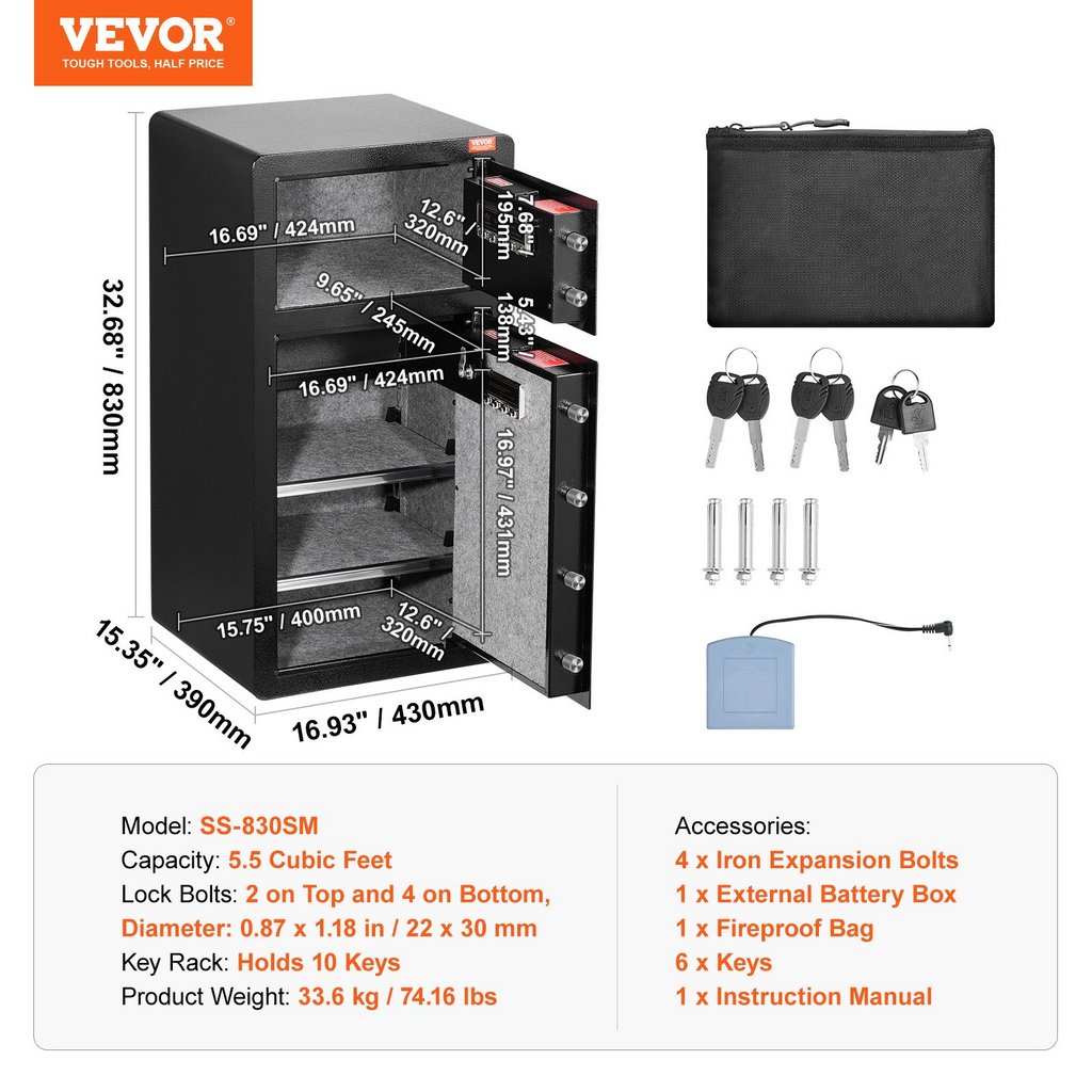 Caja de seguridad de 5,5 pies cúbicos con puerta doble VEVOR