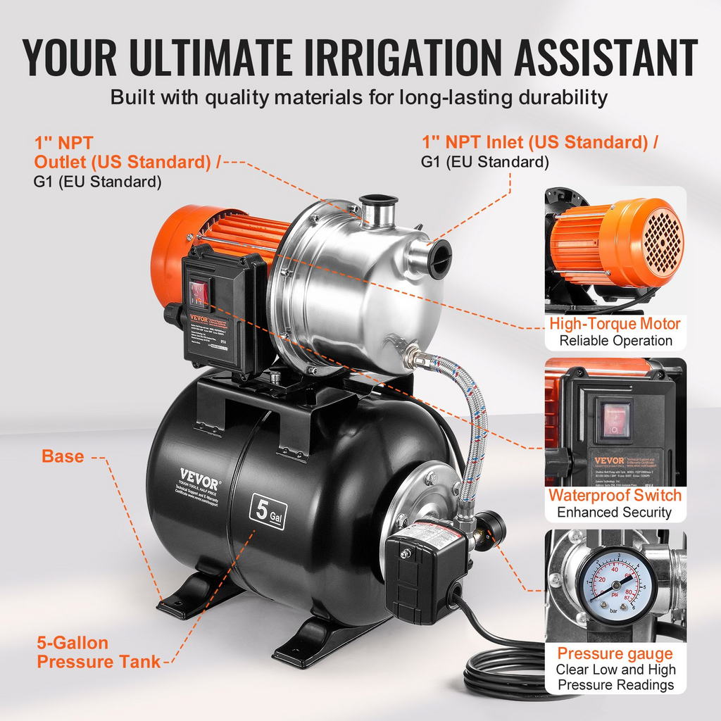 Bomba de pozo poco profundo VEVOR de 1 HP con tanque de presión, bomba de refuerzo de riego de 1000 GPH