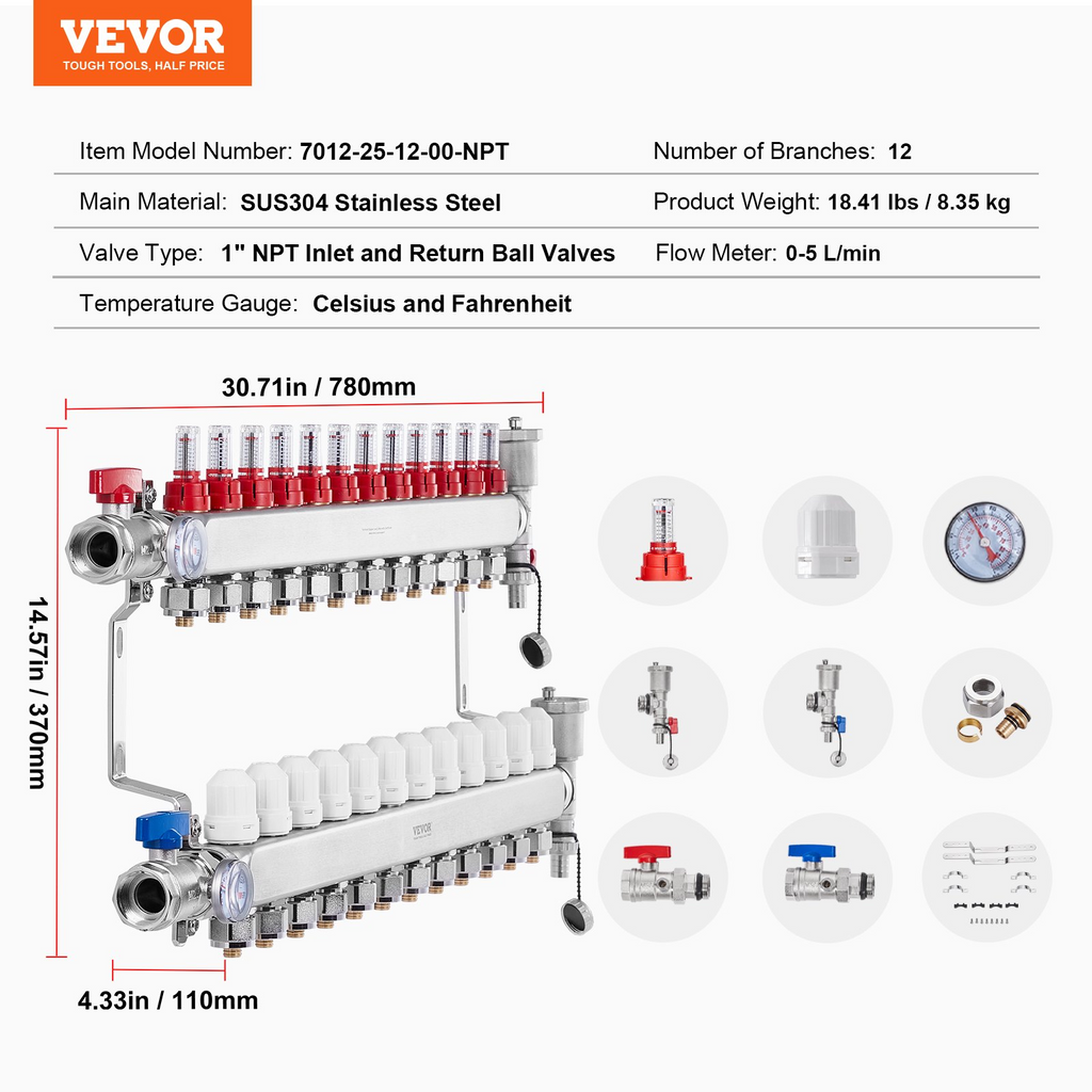 Colector de calefacción radiante de 12 derivaciones VEVOR de 1/2"