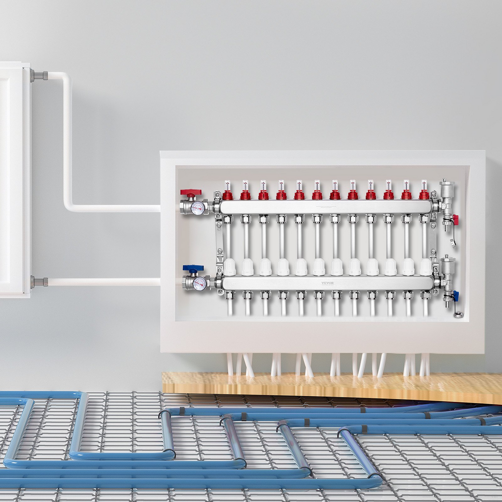 Colector de calefacción radiante de 12 derivaciones VEVOR de 1/2"