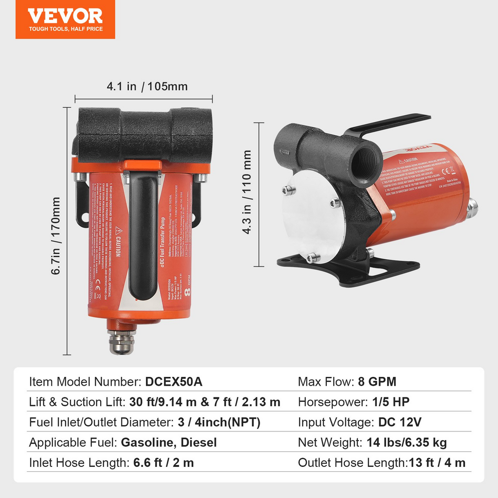 Bomba de transferencia de combustible VEVOR 12 V 8 GPM 1/6 HP