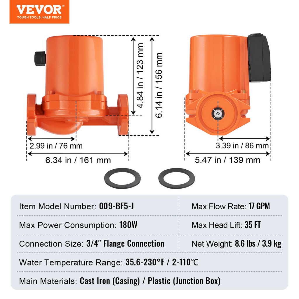 Bomba de circulación de agua caliente VEVOR 009-BF5-J 110 V 180 W 17 GPM Bomba de recirculación