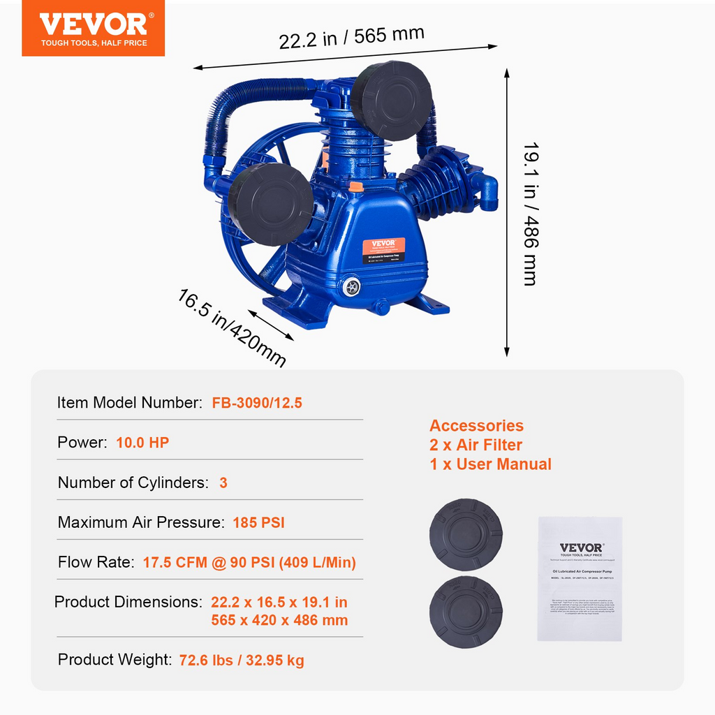 Cabezal de bomba de compresor de aire VEVOR de 10 HP 17,5 CFM a 90 PSI