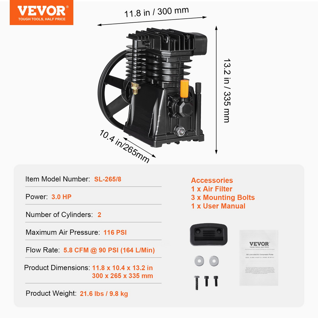 Cabezal de bomba de compresor de aire VEVOR de 3 HP 5,8 CFM a 90 PSI