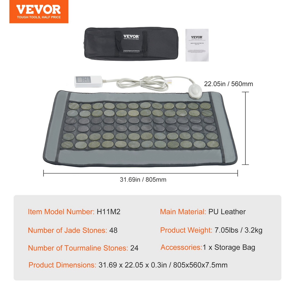 Almohadilla térmica de infrarrojos lejanos VEVOR con 48 piedras de jade natural y 24 de turmalina