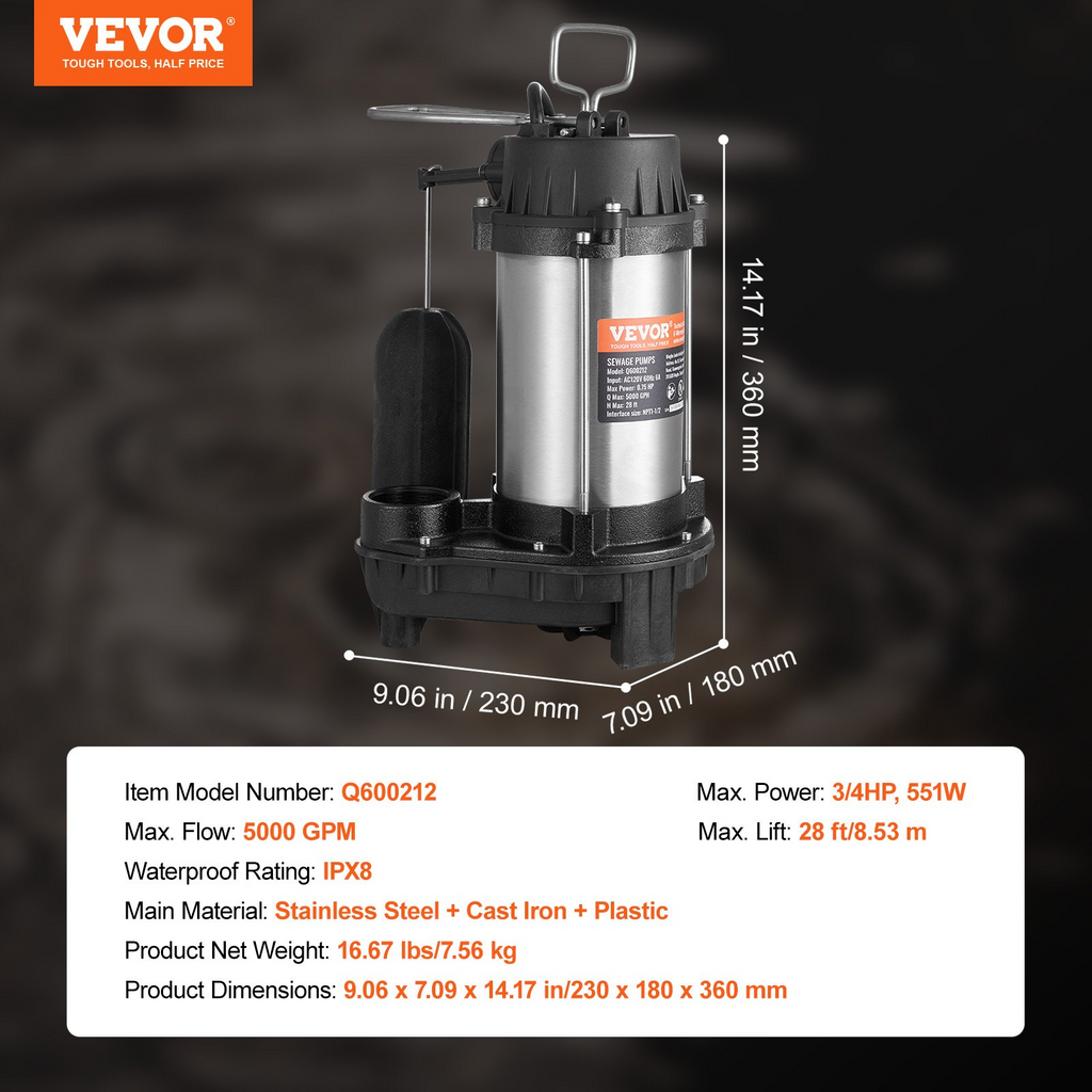 Bomba de agua sumergible para aguas residuales VEVOR, 0,75 HP, 5000 GPH, elevación de 28 pies para sótano